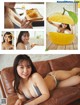 A woman in a bikini sitting on a couch eating a piece of bread.