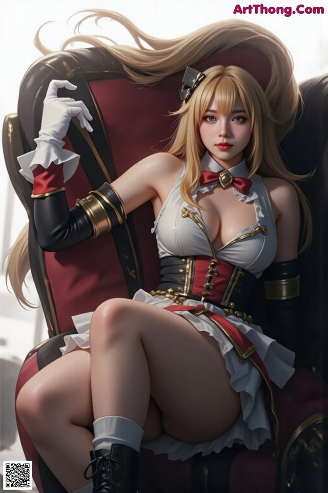 A woman sitting on top of a red chair.