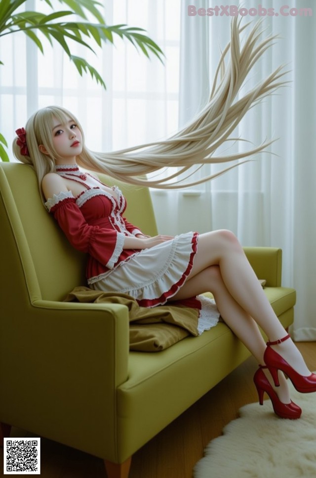 A woman sitting on a green couch with long blonde hair.