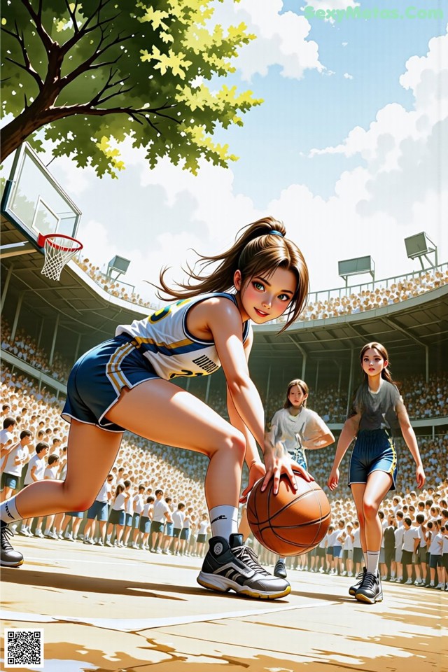 A woman holding a basketball in front of a crowd of people.