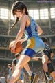 A woman in a blue and yellow uniform holding a basketball.